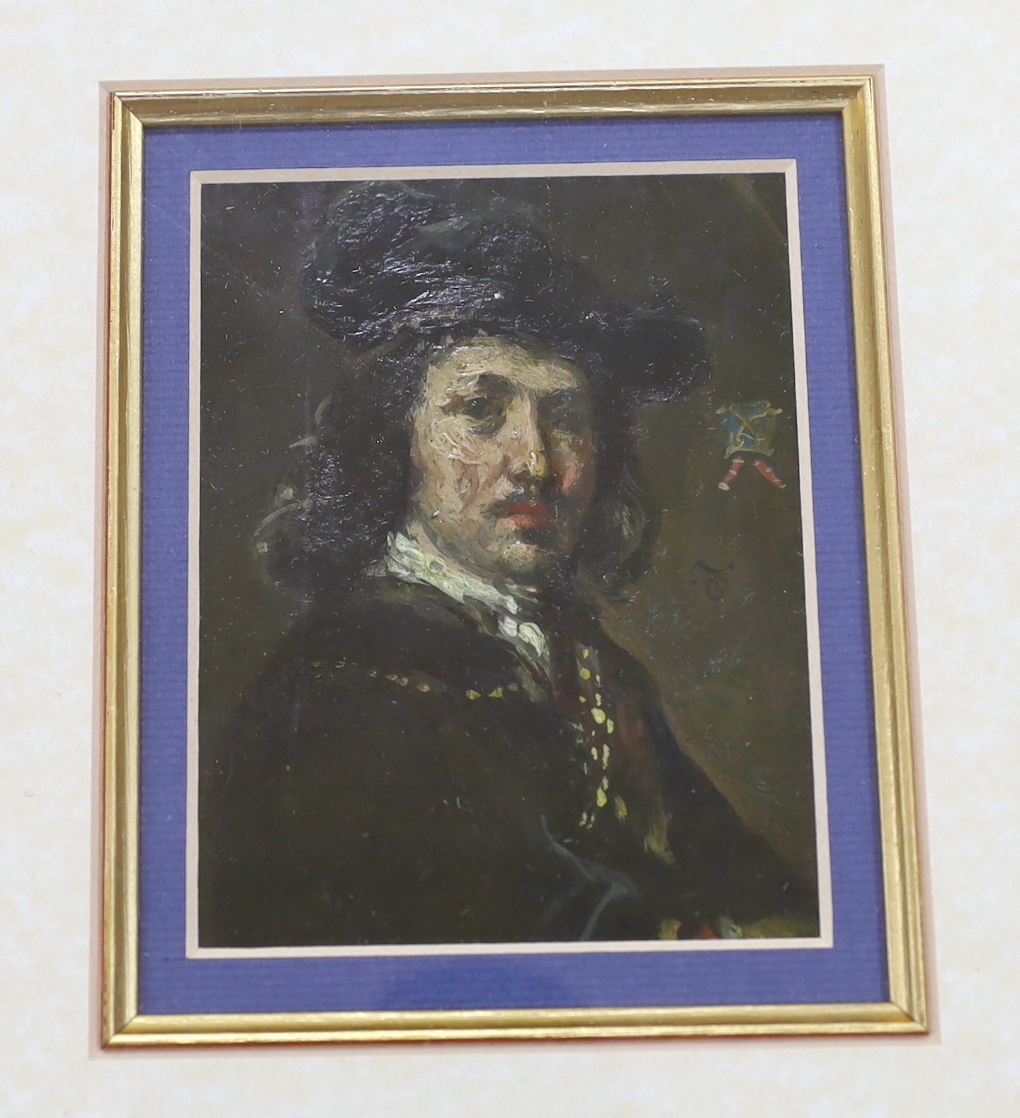 Manner of Rembrandt van Rijn (1606-1669) two portraits including a self portrait in oil, mounted and framed as one, largest 21 x 13cm